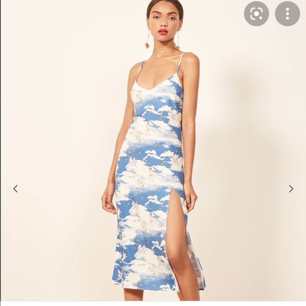 Reformation cremini angel print cherub dress size 0, worn once, sexy high slit